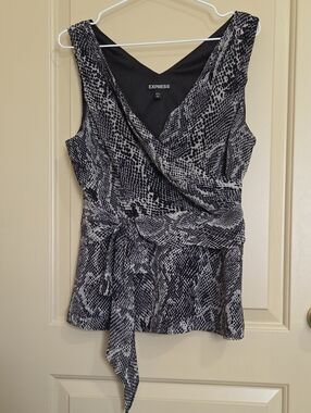 Express Black & White Snake-Print Wrap Top